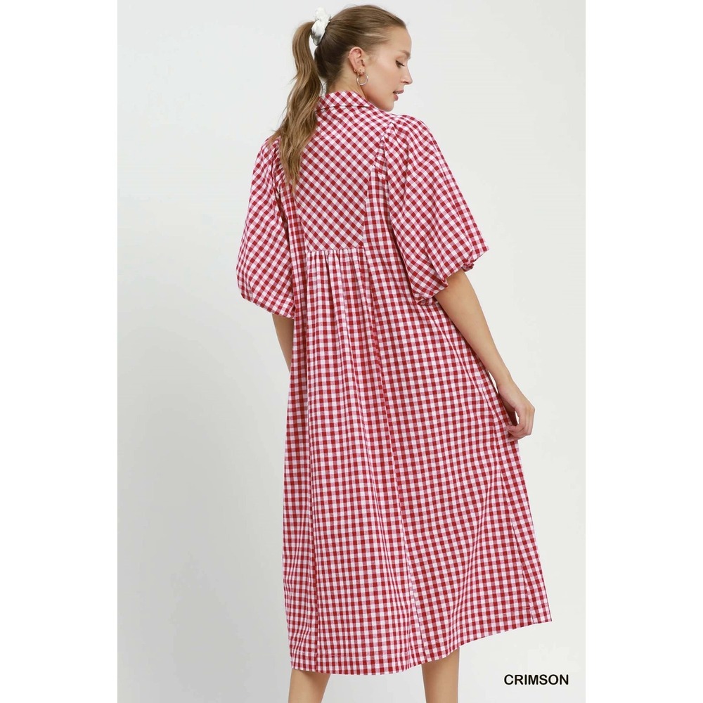 Umgee Puff Sleeve Plaid Midi Dress - Crimson - Small - Picture 3 of 5